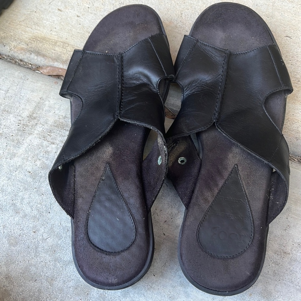 Black leather slide sandals